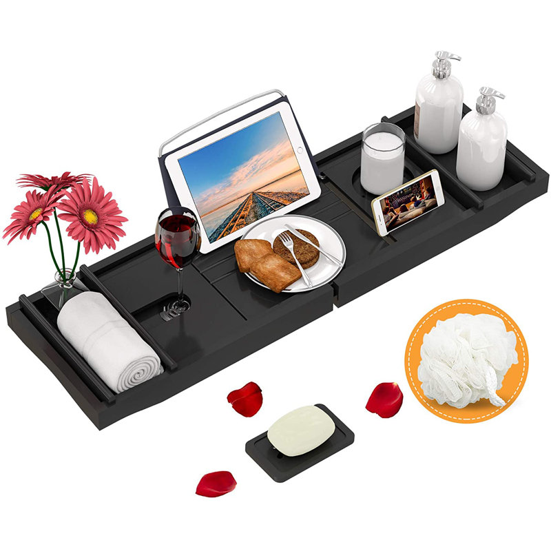 Plateau de baignoire en bambou extensible pour baignoire de luxe avec porte-livre et porte-savon (Bath, Noir