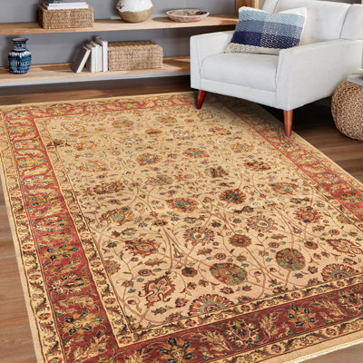 Tapis traditionnel en laine et soie, noué à la main, beige et bordeaux, 1,80 m x 2,67 m