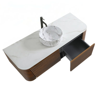 Meuble-lavabo mural de 48 pouces avec lavabo rond à rayures blanc Carrara et tiroirs de rangement