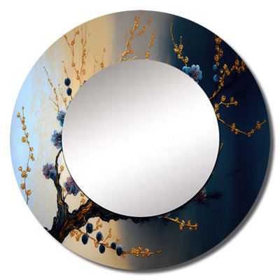 Rahib Blue Cherry Blossom Branch I - Bonsai Decorative Wall Mirror, Beige Large Round Mirror, Printed Metal Art