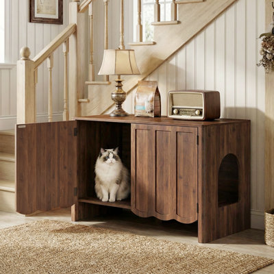 Cat Litter Box Enclosure, Large Hidden Litter Box Cabinet With Wavy Panels, Push-to-open Doors, Arch Side Entry, For Living Room, Bedroom, Entryway,