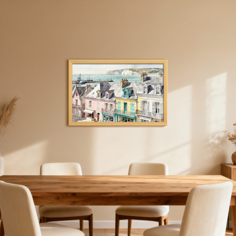 Scène d'aquarelle de ville côtière, H 20 po x l 30 po, Toile tendue, Ne s’applique pas