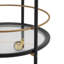 Chariot-bar rond à 2 niveaux avec accents dorés, structure en métal noir et tablettes en verre trempé pour bar personnel