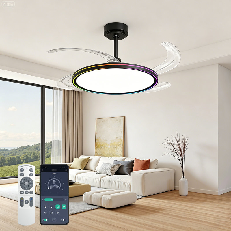 Ventilateur de plafond noir rétractable avec lumière et application / télécommande, ventilateur de plafond intelligent moderne RVB de 42 po avec lumières et télécommande, spectre complet à intensité variable avec mémoire, ventilateur réversible à 6 vitesses