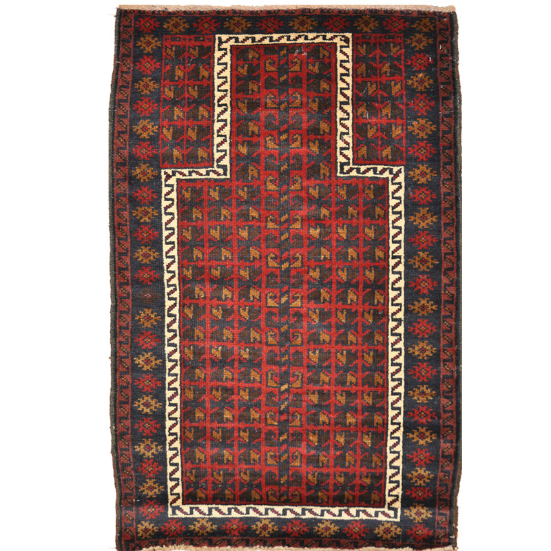 Tapis décoratif en laine rouge noué à la main balouchi rouge de conception unique 2 pi 9 po x 4 pi 3 po
