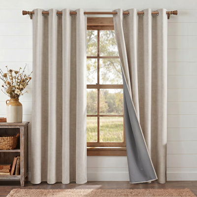 100% Blackout Linen Curtains for Bedroom, Burlap Linen Drapes with Thermal Insulated Grey Liner Grommet Noise Reducing Window Panels for Living room, 2 Panels