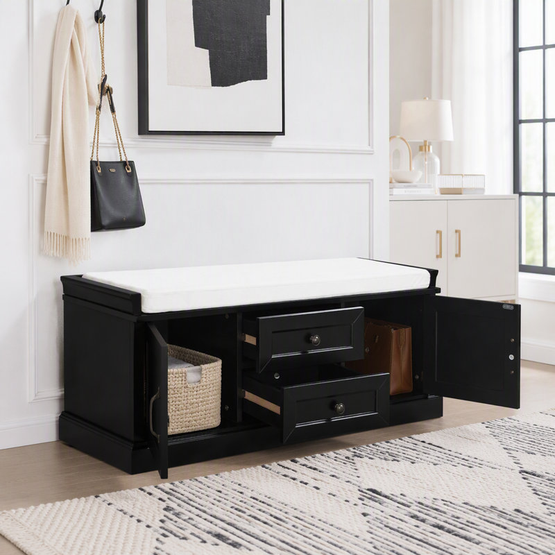 Banc de rangement avec 2 tiroirs et 2 armoires, banc à chaussures avec coussin amovible, Black, Black