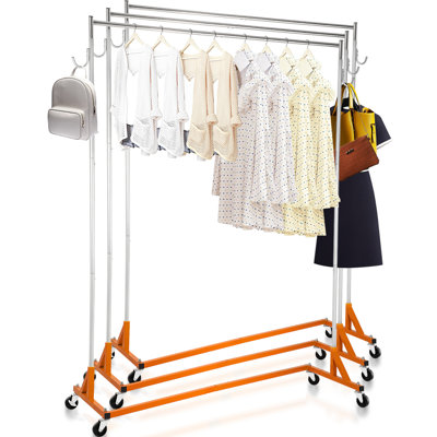 Support à vêtements à hauteur ajustable avec base en Z, support à vêtements en acier robuste avec roues verrouillables et crochets latéraux, ensemble de 3 pour usage domestique et commercial, orange