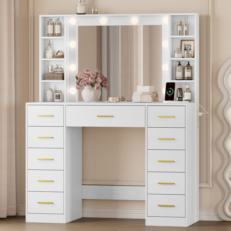 Vanity Desk with 11 Drawers & Mirror Lights, Large Makeup Dressing Table with 8 Shelves for Bedroom, White