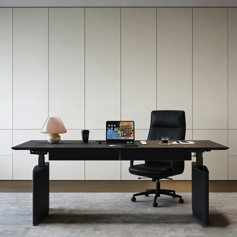 Bureau debout moderne en cuir noir à deux moteurs avec tiroirs doubles et prises de courant intégrées Modern Luxury