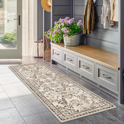Non Slip Floral Hallway Runner Rug with Rubber Backing,Low Pile Faux Wool Distressed Carpet for Kitchen, Laundry, Bedroom, Entrance