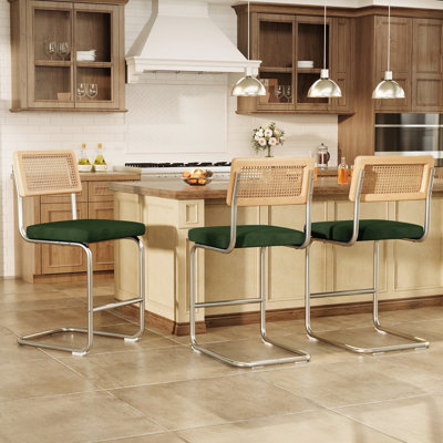 3Pcs Bar Stool 26.1-In H - Velvet Upholstered - Rattan Backrest Iron Frame - Counter Height Kitchen Island Stool - Green