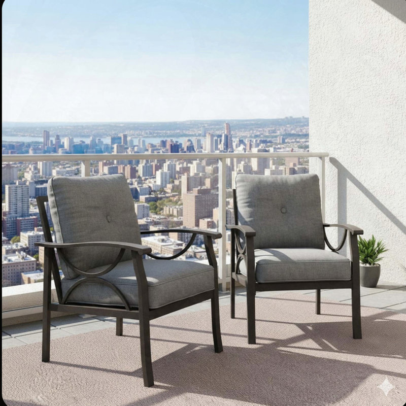 Set of 2 Modern Metal Armchairs with Gray Cushions (Khaki Frame), Brown, Gray