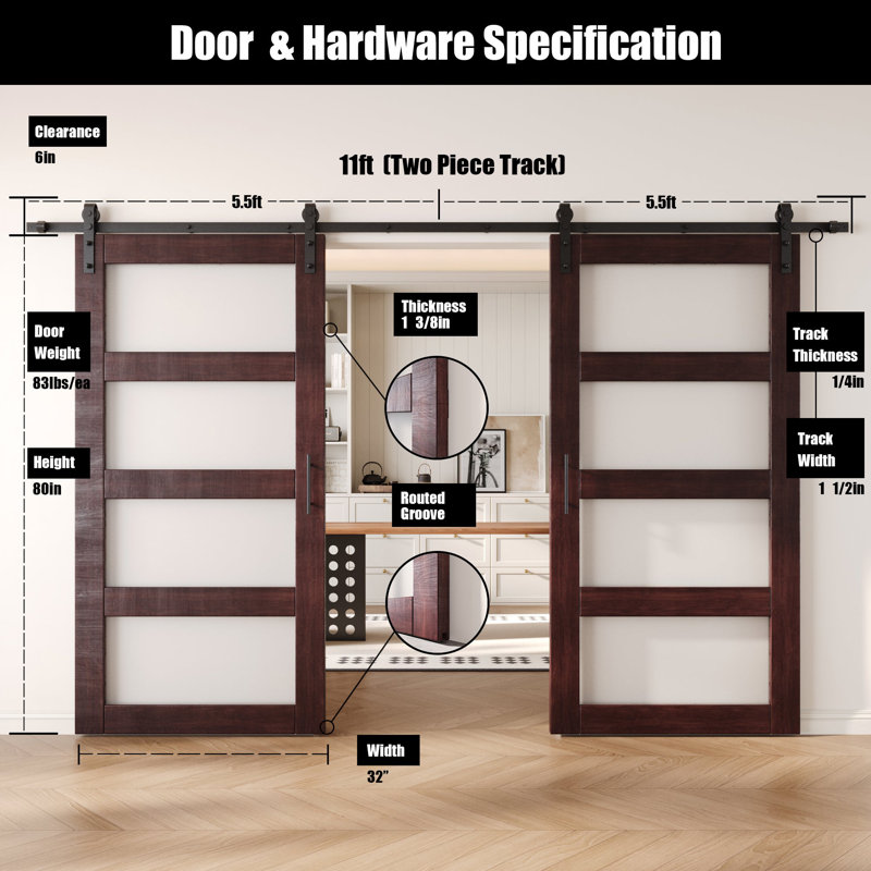 Portes de grange non assemblées et finies en verre de 4 po de 32 po x 80 po Homacer Red Homacer, 32" X 80"