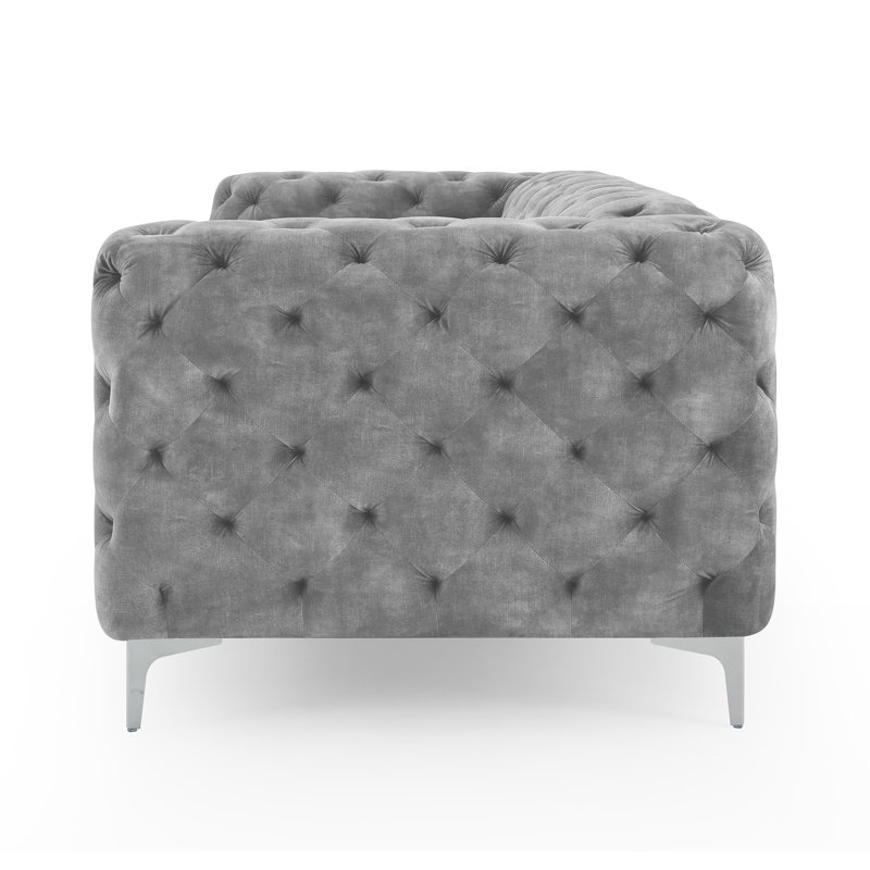 Ghaleb 237Cm Velvet Square Arms Sofa, Light Grey Polyester Blend, Silver