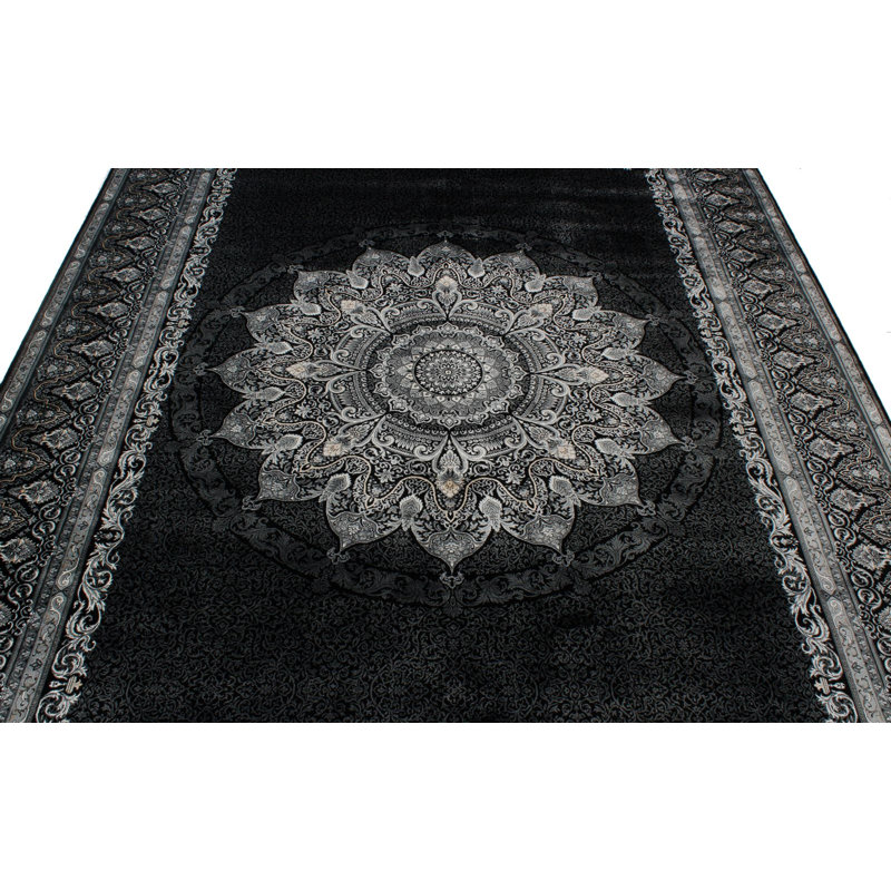 Tapis turc noir et ivoire Antep, Rectangle 6 pi 7 po x 9 pi 6 po