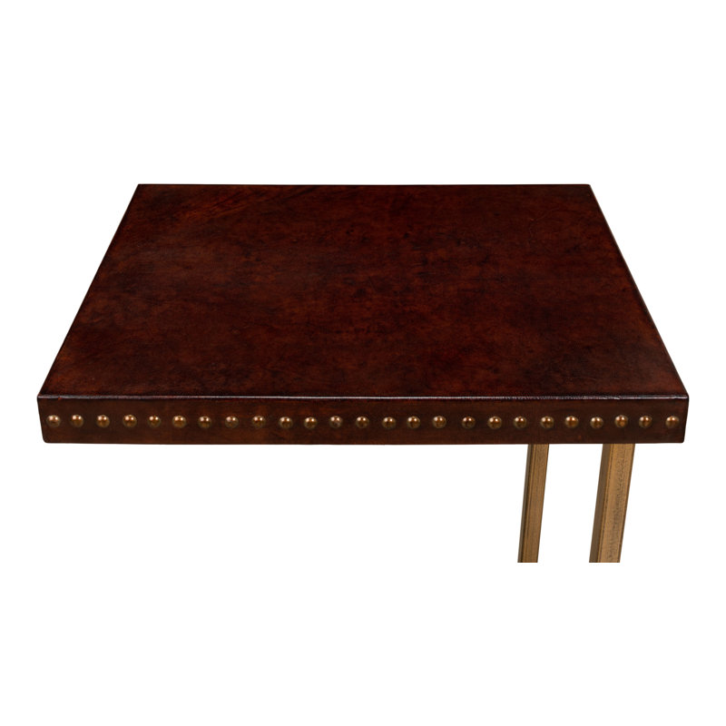 Brown Leather and Brass Rectangular Laptop End Table