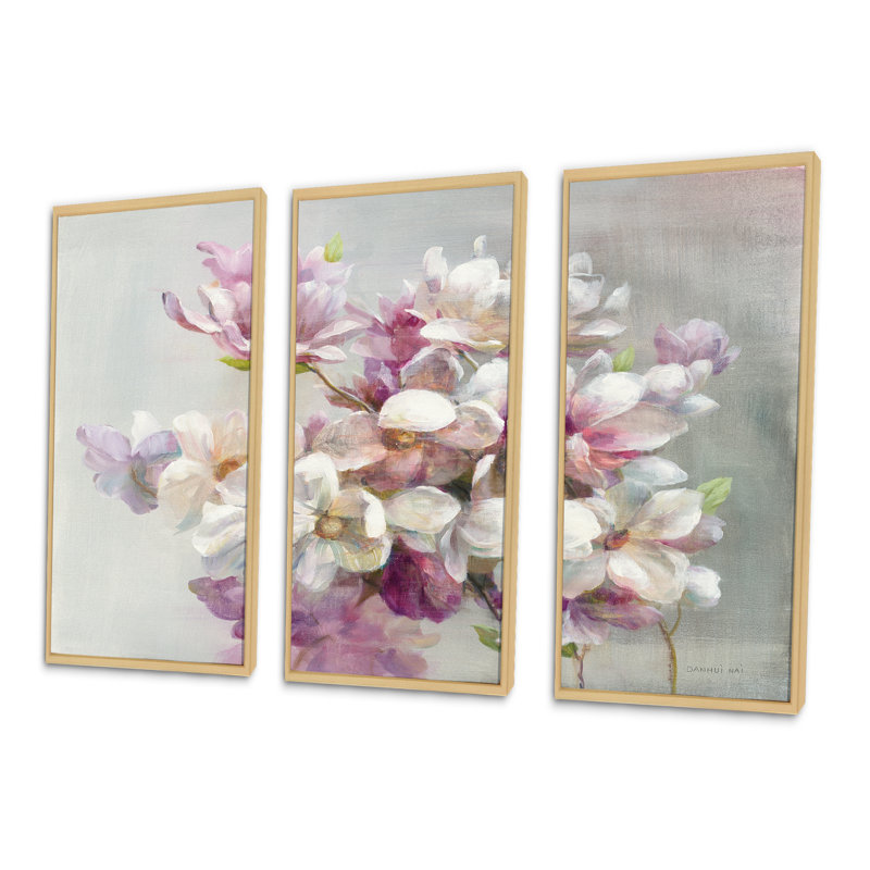 Fleurs de magnolia roses - ensemble d'art mural encadré sur toile Shabby Elegance, ensemble de 3, H 28 po x l 36 po x P 1 po