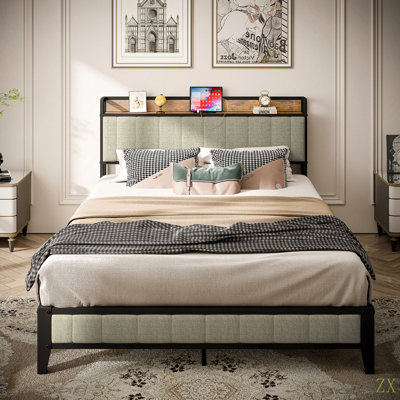 Full Size Bed Frame With Charging Station, Upholstered Headboard, Metal Platform