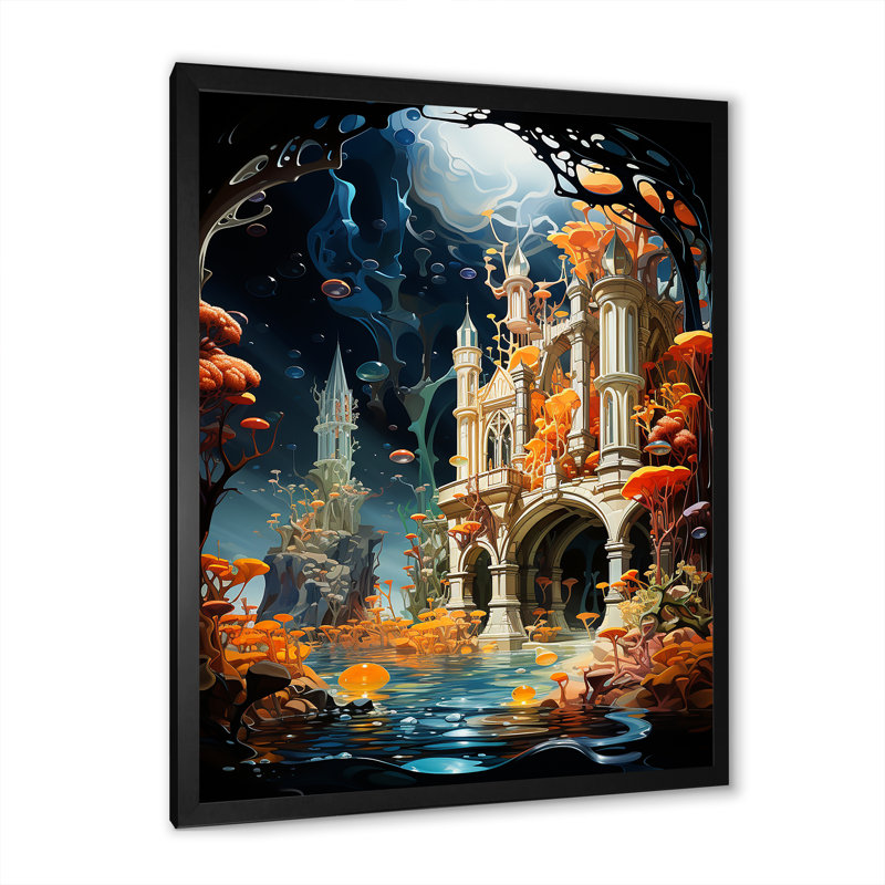 Mahima, surréalisme, le château submergé sur toile, Cadre photo noir, H 44 po x l 34 po x P 1,5 po