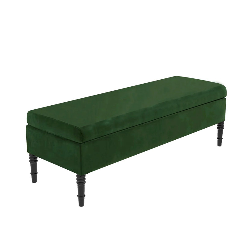 Safar Plain Upholstered Plush Velvet Ottoman Storage Bench with Black Turned Wooden Legs, Forest Green