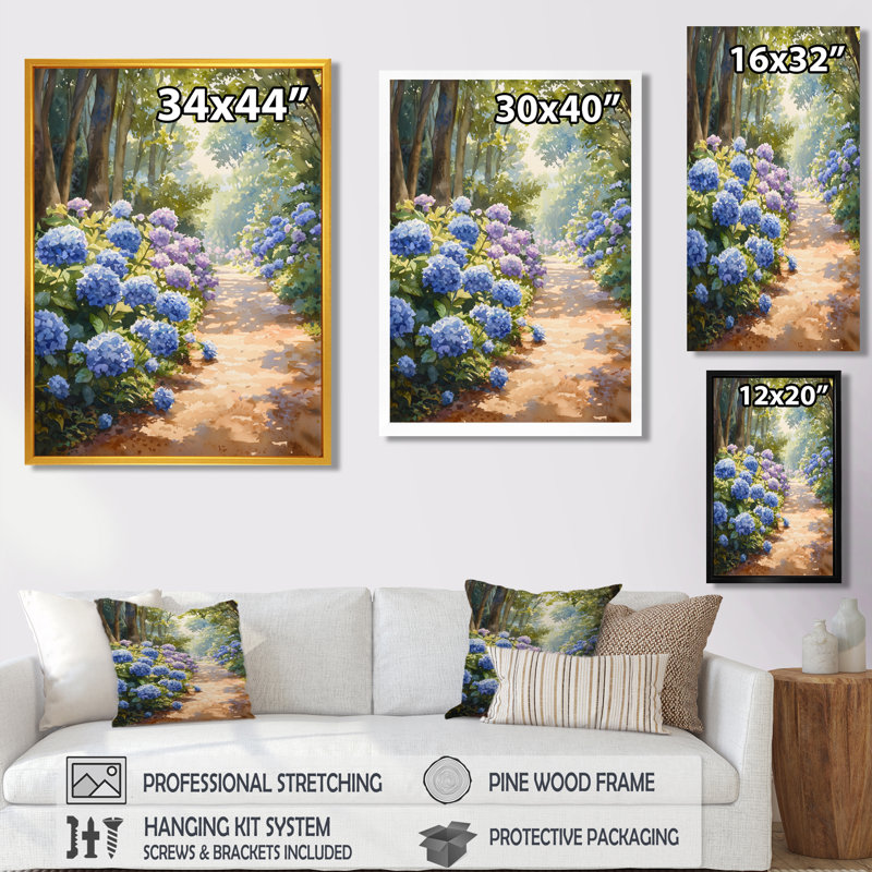 Hydrangeas in the Garden Path II - Hydrangea Wall Art for Living Room, Noir, Impression encadrée flottante, H 44 po x l 34 po