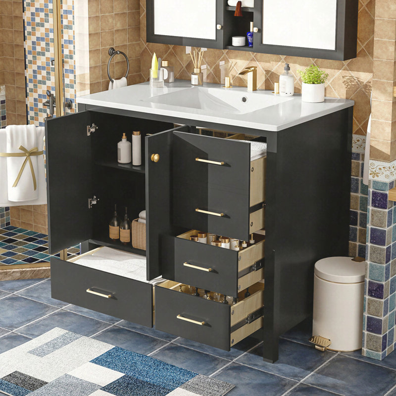 Ensemble de meuble-lavabo 36 po avec lavabo en céramique, armoire de rangement en bois massif, ensemble de meuble-lavabo autoportant avec 4 tiroirs et portes à fermeture douce