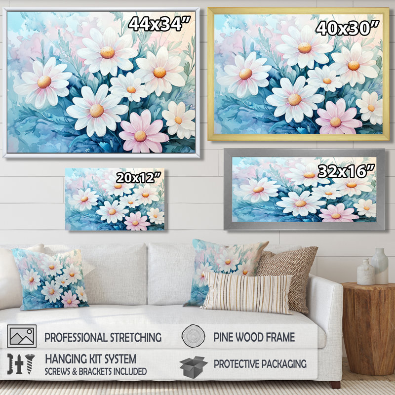 «White Daisy Sunrise Meadow III» - impression d'art mural marguerites, Reproduction encadrée d'une seule photo sans pass