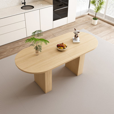 63'' Farmhouse Dining Table With Wood Strip Base,  Oval Kitchen Table For 6 People, Natural Finish