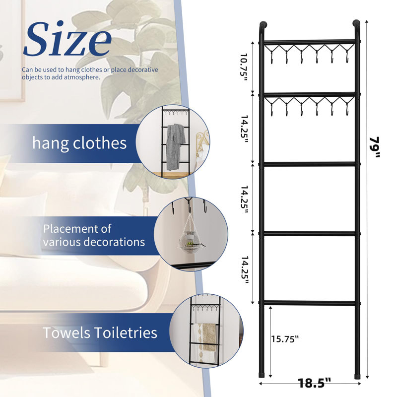 Black Metal 79'' Freestanding 5-Tier Blanket Ladder with Hooks