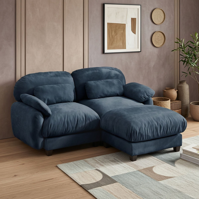Canapé d'angle modulable deux places avec pouf, Bleu