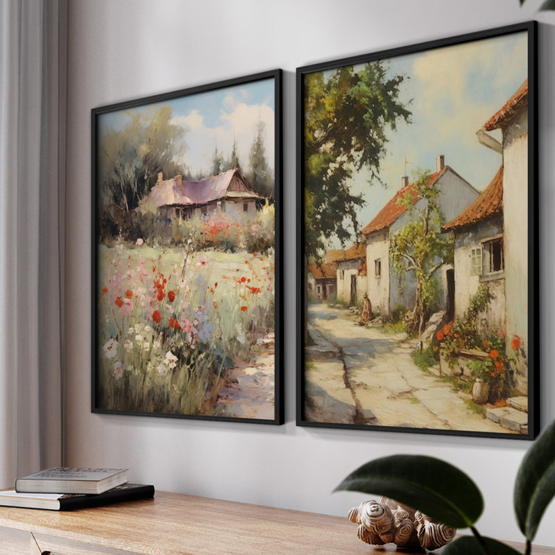 «Vintage Landscape LXIV», impression giclée sur cadre - ensemble de 2, Noir, noir, noir, noir, H 12 po x l 30 po