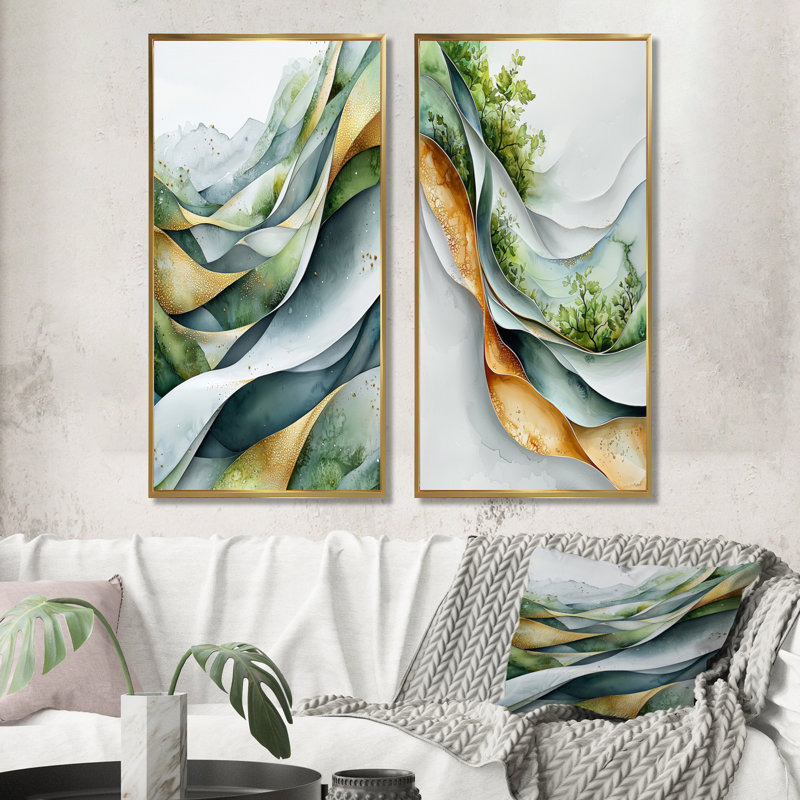 Nature Whispers Of Hard Edge, peinture I - art mural abstrait 2 panneaux, H 28 po x l 25 po, Cadre flottant doré
