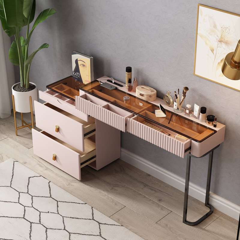 High-quality Makeup Vanity,Power Outlet, Glass Top,Corner,Very easy to assemble, Walnut/Pink