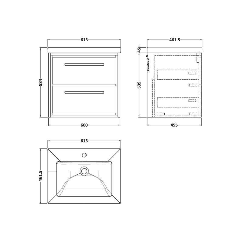 Hudson Reed Lille 600mm Coastal Grey Woodgrain 2 Drawer  Wall Hung Vanity Unit With 1 Tap Hole Fireclay Basin