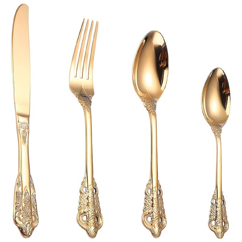 4 pièces de coutellerie en acier inoxydable, ensemble de vaisselle plaqué or de haute qualité, ensemble de 4 pièces de vaisselle rétro, ensemble de vaisselle de luxe gravée