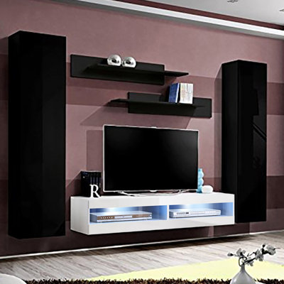 100" Modern Floating Wall Mounted Entertainment Center with 16-Color LED Lighting, High Gloss Finish