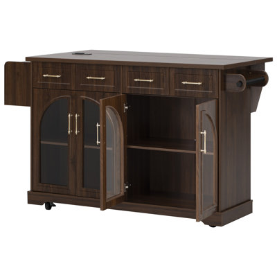Îlot de cuisine mobile de 165 cm avec abattant, porte vitrée cintrée, prise électrique, 4 tiroirs, porte-épices et porte-serviettes