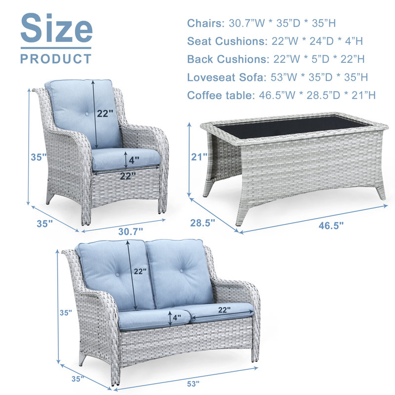 Schutt Wicker 4 - Person Patio Conversation Set with Cushions, Baby Blue