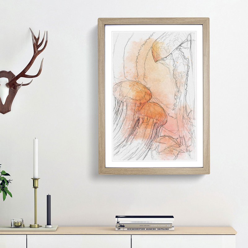 The Orange Jellyfish in Abstract - Picture Frame Graphic Art Print, Oak Framed, 36cm H x 27cm W x 2cm D