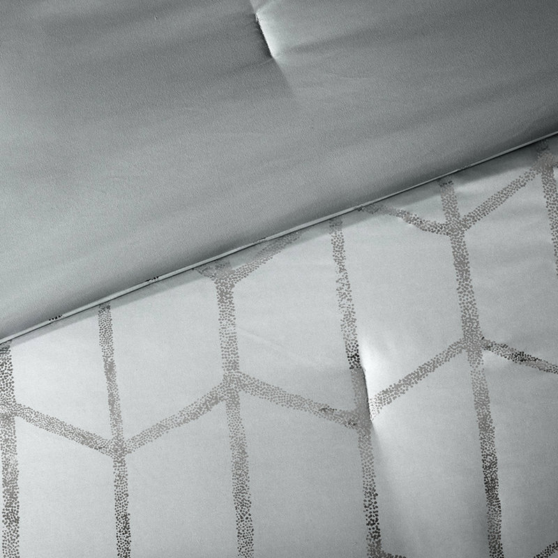 Très grand / très grand lit avec imprimé géométrique métallique argenté sur fond gris, microfibre douce, 2 taies décoratives, coussins décoratifs, imprimé moelleux et confortable, tissu froissé