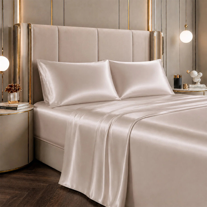 Ensemble de draps de chambre en satin de qualité supérieure (4 pièces), Très grand lit, Ivoire ivoire