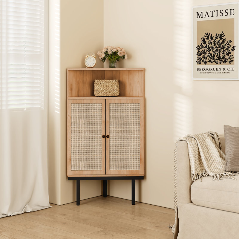 Boho Natural Rattan 39.7'' 4-Tier Corner Cabinet, Yellow Wood