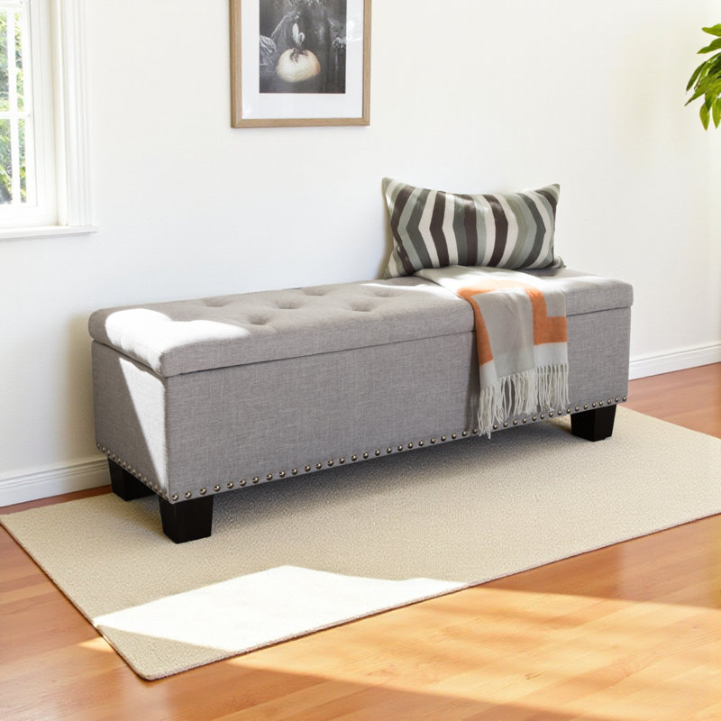 Banc de rangement rembourré en polyester au fini beige gris Ahrens, H 17,32 po x l 52,17 po x P 16,73 po, Beige-gris