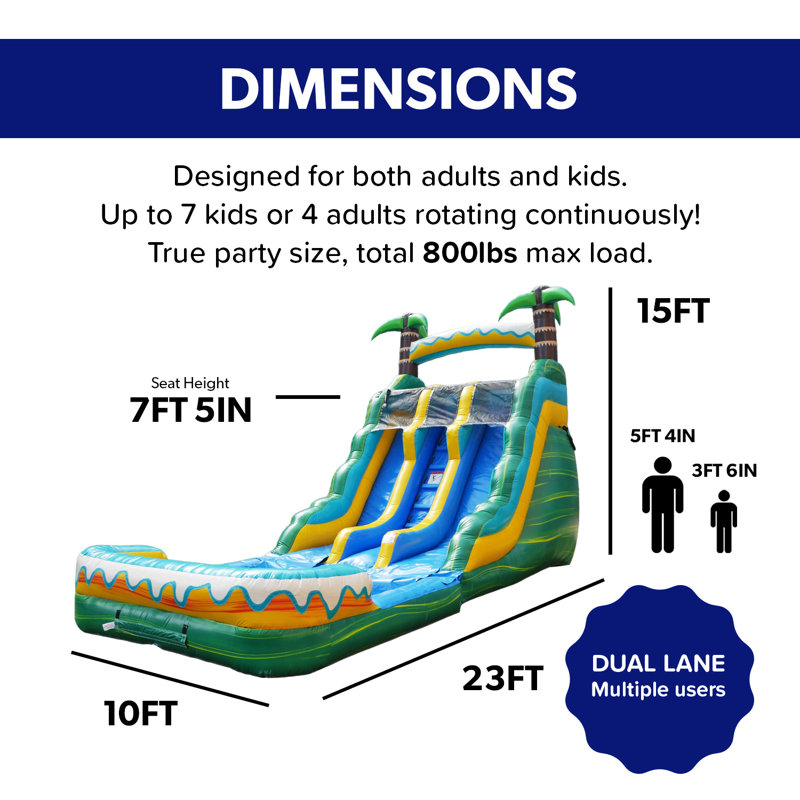 Toboggan aquatique gonflable Herokiddo Tropical Breeze de 7 m (23 pi) en vinyle marbré de qualité commerciale, à double voie, avec piscine intégrée et système de drainage, pour enfants et adultes (avec souffleur), pour l'intérieur et l'extérieur, idéal pour les fêtes d'anniversaire, location de qualité, grand gonflable, toutes saisons