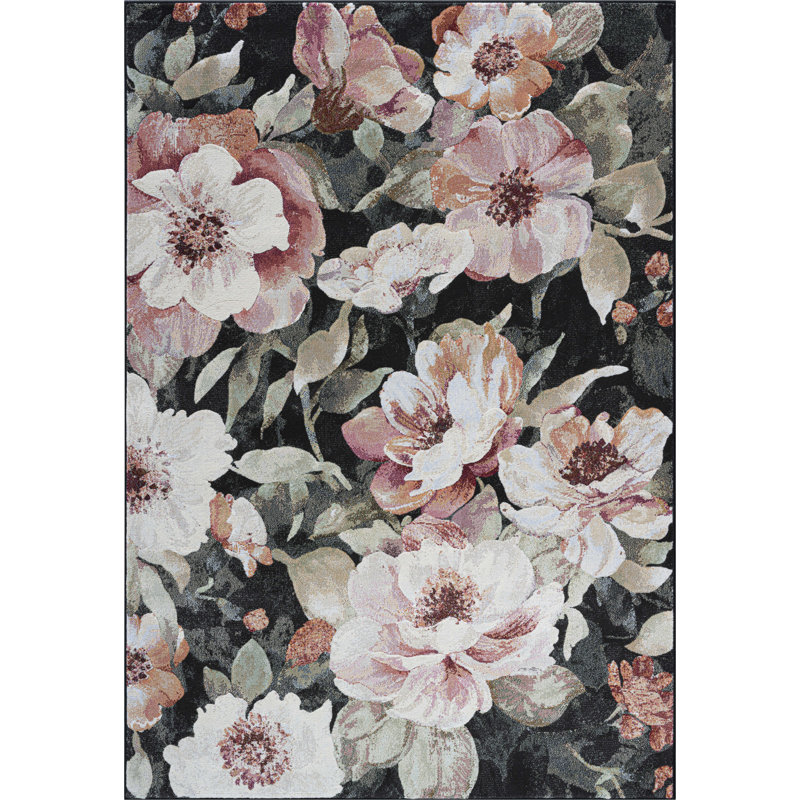 Tapis en polyester noir, rosé, rose, pêche et vert Eles, Rectangle 5 pi 3 po x 7 pi 6 po