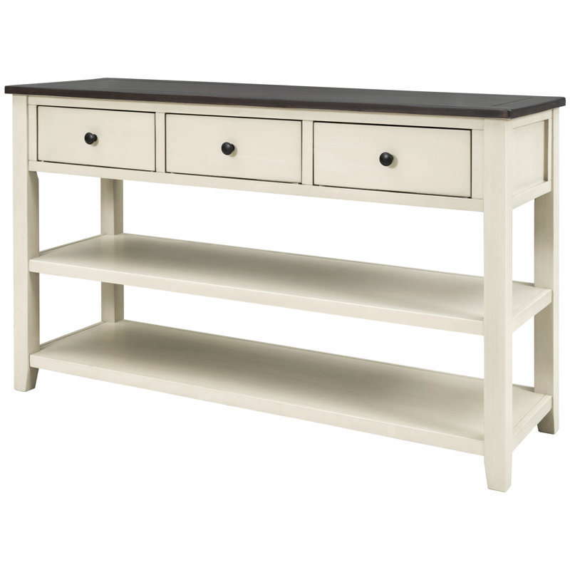 Console avec deux tablettes ouvertes, structure en bois de pin massif et pieds pour le salon