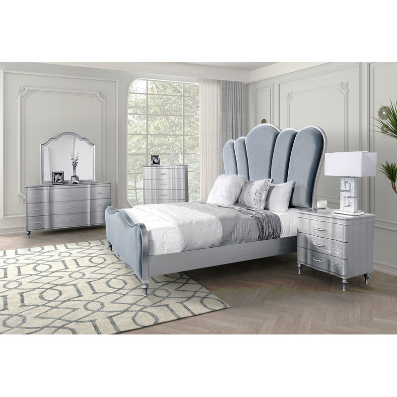 Mobilier de chambre à coucher tête de lit matelassée Glam, Argent, Grand