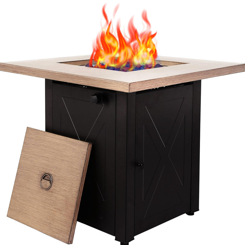 28Inch Outdoor Gas Fire Pit Table 48000 , Square Propane Patio , Bionic Wood Grain Lid. Suits Backyard, Garden, Party, Deck, Courtyard. Brown Steel Made. 27.52 In. D X W 24.28 H, 63.48 Lb. 30.34 Pd