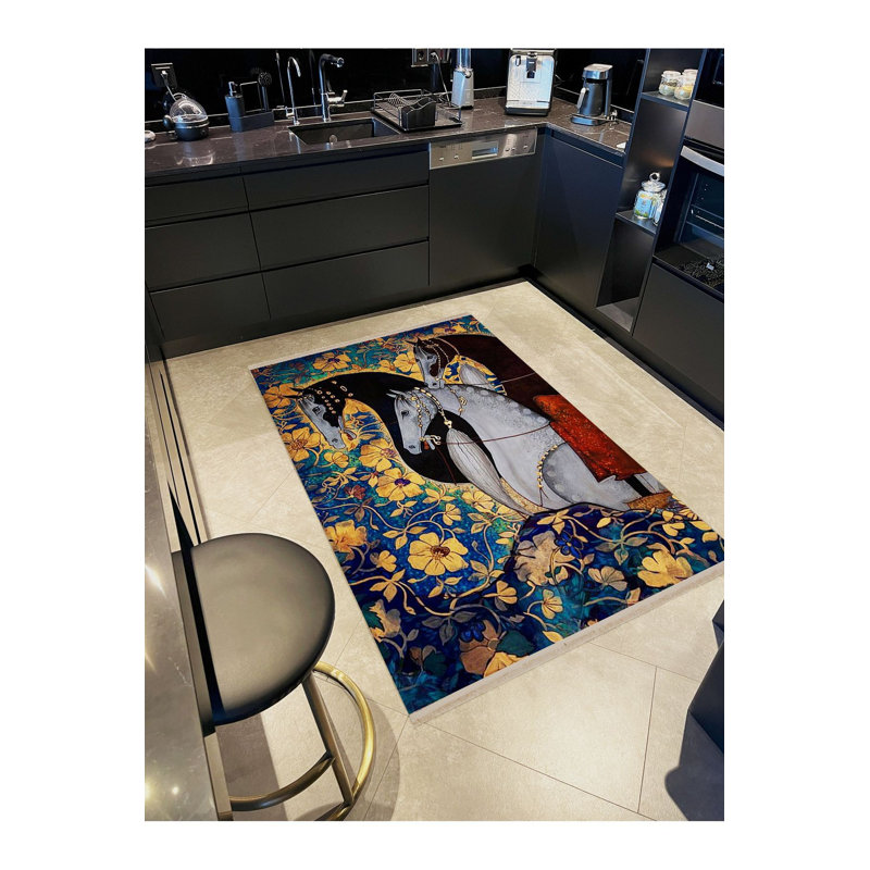 Tapis décoratif moderne à motif floral avec motif de trois chevaux nobles, Tapis de couloir 3 pi 3 po x 9 pi 10 po